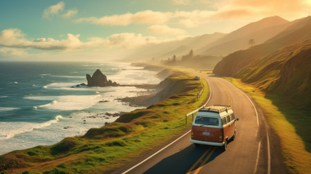 Road trip concept. Car driving with beautiful place backgrond. Generative ai.の素材