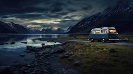 Road trip concept. Car driving with beautiful place backgrond. Generative ai.の素材