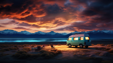 Road trip concept. Car driving with beautiful place backgrond. Generative ai.の素材