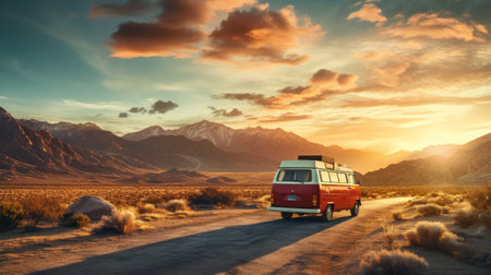 Road trip concept. Car driving with beautiful place backgrond. Generative ai.の素材