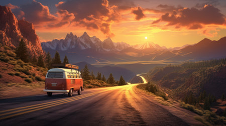 Road trip concept. Car driving with beautiful place backgrond. Generative ai.の素材