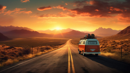 Road trip concept. Car driving with beautiful place backgrond. Generative ai.の素材