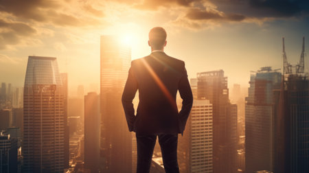 Business man stand top of building background. Generative ai.の素材