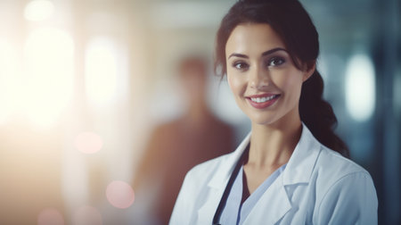 Smiling doctor woman on blur hospital background. Generative ai.の素材
