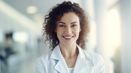 Smiling doctor woman on blur hospital background. Generative ai.の素材