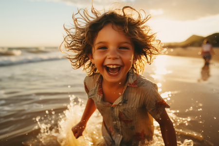 Kid playing at sunset beach background. Generative ai.の素材