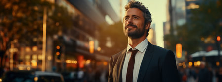 Copy space of success business man standing at street city background. Generative ai.の素材