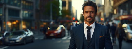 Copy space of success business man standing at street city background. Generative ai.の素材