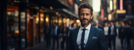 Copy space of success business man standing at street city background. Generative ai.の素材