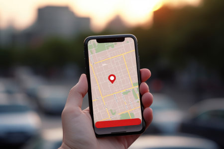Woman hand using smartphone with gps navigator map icon on blur street background. Technology and business travel concept. Generative ai.の素材