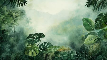 Drawing monstera leaves and tropical nature background. Generative ai.の素材