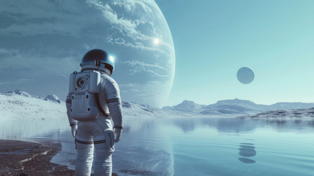 Astronaut standing at the other planet background. Generative ai.の素材