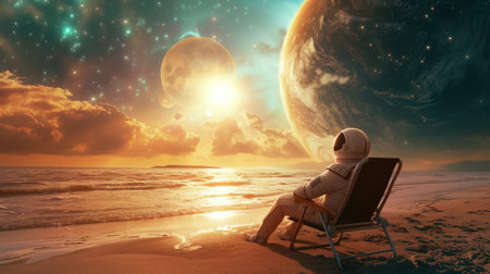 Astronaut relax on beach at the other planet background. Summer vacation and adventure concept. Generative ai.の素材