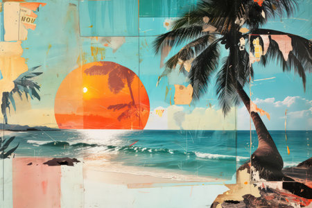 Retro tropical beach with collage art background. Generative ai.の素材