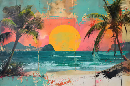 Retro tropical beach with collage art background. Generative ai.の素材