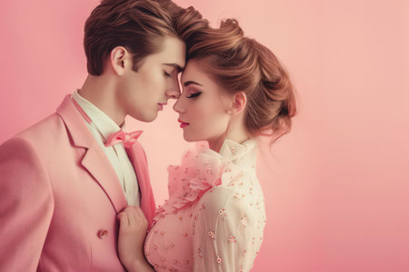 Couple in retro fashion style background. Love and valentine day concept. Generative ai.の素材