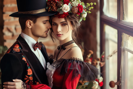 Couple in retro fashion style background. Love and valentine day concept. Generative ai.の素材