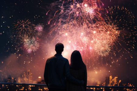 Couple looking firework background. Generative ai.の素材