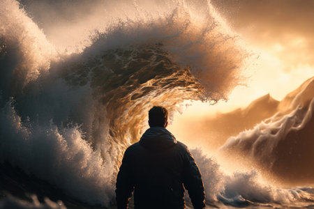Man standing front of big strom wave abstract background. Challenge and brave concept. Generative ai.の素材