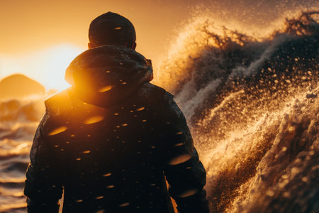 Man standing front of big strom wave abstract background. Challenge and brave concept. Generative ai.の素材
