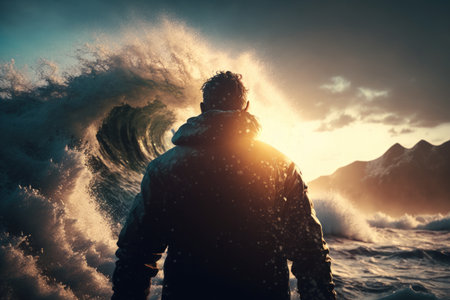 Man standing front of big strom wave abstract background. Challenge and brave concept. Generative ai.の素材