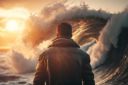 Man standing front of big strom wave abstract background. Challenge and brave concept. Generative ai.の素材