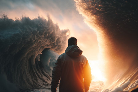 Man standing front of big strom wave abstract background. Challenge and brave concept. Generative ai.の素材