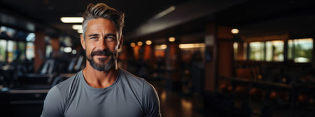 Man trainer smiling at fitness gym background. Generative ai.の素材