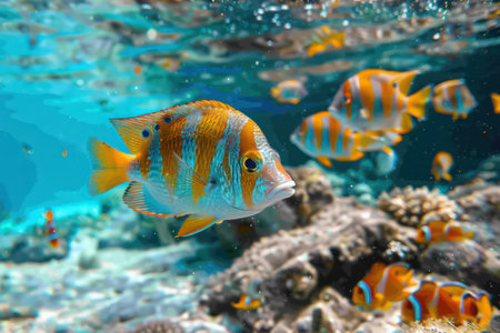 Under water view of fish and coral background. Generative ai.の素材