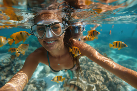 Under water view of fish and coral background. Generative ai.の素材