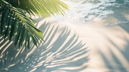 Palm leaf and sand beach background. Summer vacation concept. Generative ai.の素材