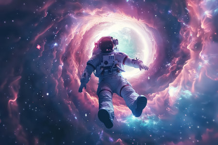 Astronaut into black hole galaxy background. Generative ai.の素材