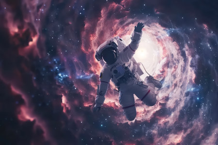 Astronaut into black hole galaxy background. Generative ai.の素材
