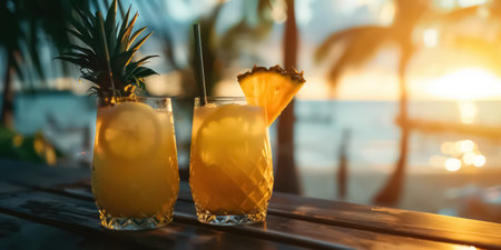Pineapple juice on tropical beach nature background. Summer and environment concept. Generative ai.の素材