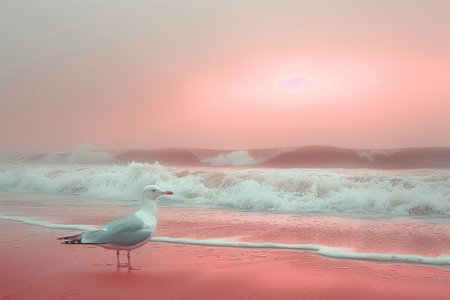 Seagull on sunset beach background. Generative ai.の素材