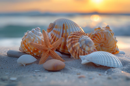 Seashell on sunset beach background. Generative ai.の素材
