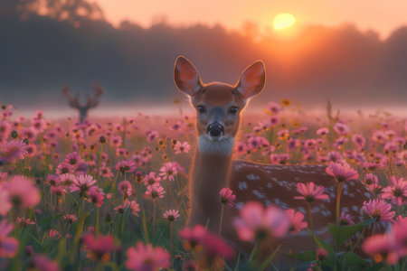 Deer in flower field with morning sunlight abstract background. Generative ai.の素材