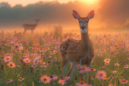 Deer in flower field with morning sunlight abstract background. Generative ai.の素材
