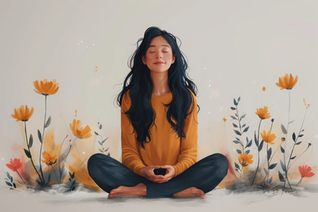 Drawing woman sitting meditate. Generative ai.の素材