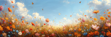 Panorama view of drawing flower and butterfly landscape background. Generative ai.の素材