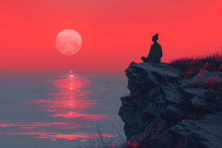 Drawing of person sit meditation on rock at lake and mountain with sunset background. Generative ai.の素材