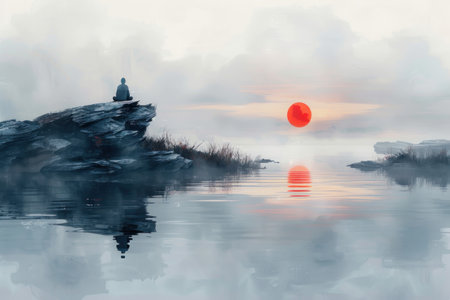 Drawing of person sit meditation on rock at lake and mountain with sunset background. Generative ai.の素材
