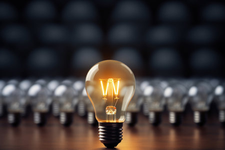 Concept different and leader. Only one light bulb turn on standing out of the crowd. Generative ai.の素材