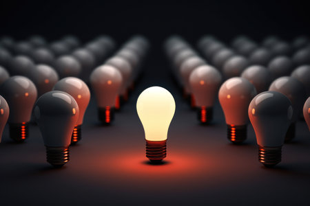 Concept different and leader. Only one light bulb turn on standing out of the crowd. Generative ai.の素材