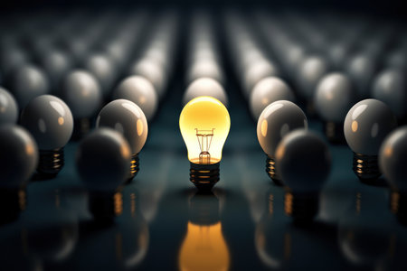 Concept different and leader. Only one light bulb turn on standing out of the crowd. Generative ai.の素材