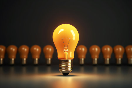 Concept different and leader. Only one light bulb turn on standing out of the crowd. Generative ai.の素材
