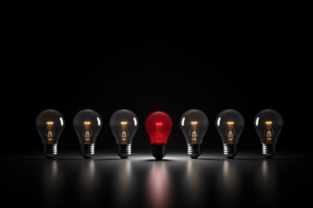 Concept different and leader. Only one light bulb turn on standing out of the crowd. Generative ai.の素材