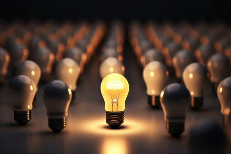 Concept different and leader. Only one light bulb turn on standing out of the crowd. Generative ai.の素材