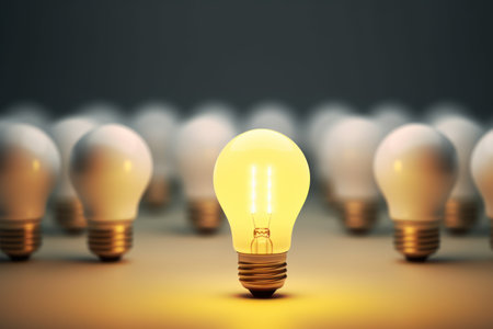 Concept different and leader. Only one light bulb turn on standing out of the crowd. Generative ai.の素材