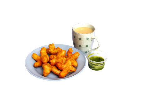 Soybean milk and deep-fried doughstick isolated on white backgroundの写真素材